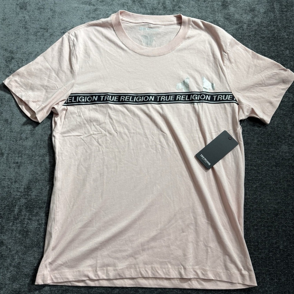 True Religion T-Shirt Men's Size Large Foil Taping Tee Sleeve‎ Pink Logo NWT